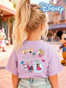 [Disney Authorized] Front: Aurora With Castle, Bow, Star Elements Back: Aurora And Prince Philip With Forest Animal Elements And Text "TRUE LOVE'S KISS" Double-Sided Print Pattern Girls' T-Shirt - Children's Clothing Design Short-Sleeve Casual Cute Style Comfortable And Relaxed Suitable For Boys And Girls, Perfect For Parties And Play Machine Washable Gift Children's Clothing Girls' Short-Sleeve Shirt - 紫丁香色 - 查看 3