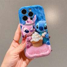 Disney Lilo & Stitch Phone Case, Cute Stitch & Angel Couple With Cupcake Print, Blue Pink Plush Texture Protective Cover For IPhone 17, 16, 15, 14, 13, 12, And 11 Pro Models. Made Of Durable TPU With Shockproof Protection. A Fun Gift For Family, Friends, Birthdays, Holidays, And Special Occasions. - trắng - Xem 2