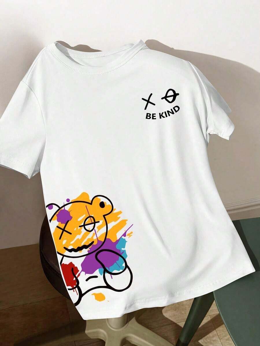 Unisex Size. Women's Plus Size Summer Cotton T-Shirt. 1PSCUnity Comfortable Short Sleeve T-Shirt With Digital Skull Bear Print, Sexy Front Design, Suitable For Home, Summer. Sweat-Absorbing, Soft, And Skin-Friendly Material. - 白色 - 查看 1