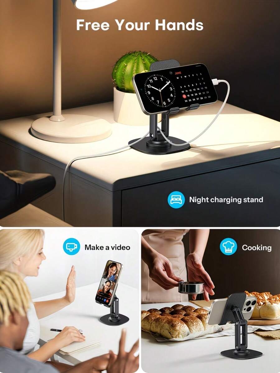 1 giá đỡ điện thoại bằng kim loại có thể gập lại, giá đỡ máy tính bảng xoay 360°, giá đỡ điện thoại để bàn có thể điều chỉnh, phù hợp với mọi loại điện thoại thông minh.