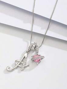 1pc Luxury Personalized Cubic Zirconia Handwritten Letter Pink Heart Pendant Stainless Steel Necklace, Minimalist Letter Name Necklace, Fashion Gift For Girlfriend, Mom, Family, Friend, Daughter, Suitable For Anniversary, Valentine's Day, Mother's Day, Birthday, Graduation, Daily Wear, Wedding, Prom - 金子 - 查看 4