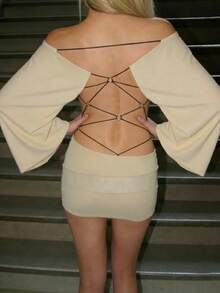 Women's Off-Shoulder Hollow-Out Fitted Mini Dress, Back Tie Flared Sleeves, Sexy Bodycon Party Dress, Nightclub Outfit, Elegant Evening Fitted Tight Dress - Khaki - View 6