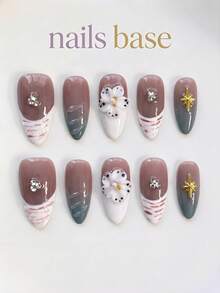 NAILS BASE 10件/組 粉色杏仁形長款法式漸層漸變假指甲，附玫瑰紅花朵，杏仁形甲片，適合辦公場合的中性華麗風，日式手工 P - 彩色 - 查看 7