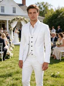 Novedad: Conjunto de traje de hombre Primavera/Otoño/Invierno - Traje casual de 3 piezas a rayas estilo coreano - Blanco - Ver 3