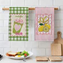 2pcs Green Plaid, Pink Stripe, Lemon Print Kitchen Towels, 40*60cm Super Soft Microfiber Dish Cloths, Farmhouse Style Decor, Housewarming Gift, Suitable For Kitchen And Bathroom - Green - View 6