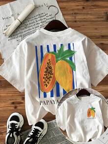 [Women's Printed T-Shirt] Spring And Summer Fashion Women's Top - Double-Sided Print, Illustrated Style, Papaya Fruit Print, Round Neck Short Sleeve T-Shirt - Ladies T-Shirt - White - View 1