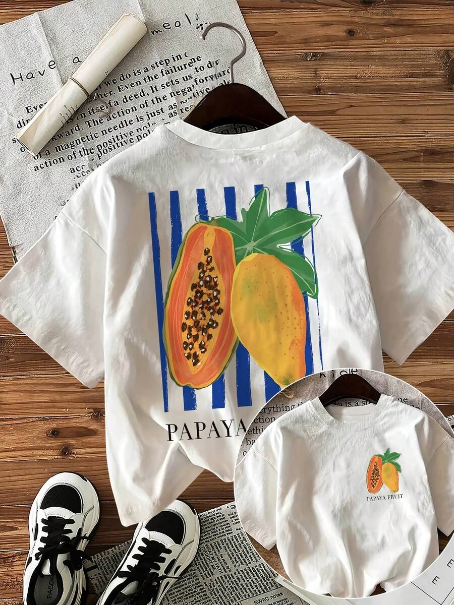 [Women's Printed T-Shirt] Spring And Summer Fashion Women's Top - Double-Sided Print, Illustrated Style, Papaya Fruit Print, Round Neck Short Sleeve T-Shirt - Ladies T-Shirt - White - View 1