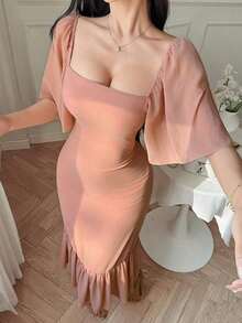 Vestido elegante de mujer de unicolor con cuello cuadrado y dobladillo con volantes, conjunto de ropa para el Día de San Valentín para mujer - Rosa - Ver 6