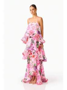 Brick Lane Co. 2026 European And American Summer And Sweet Printed Multi-Layer Cake Long Strap Dress Vacation Outfits Women Summer Outfits Women Dresses Women - 粉紅色 - 查看 3