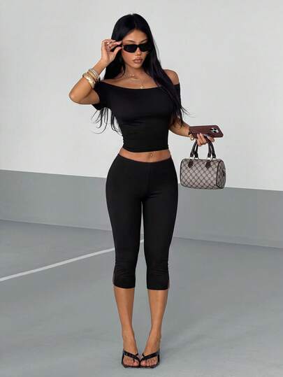 AITYI Studio Women's Off-Shoulder Set, Summer Casual Black Ruffle Crop Top & Shorts, Sexy Fitted Comfortable Versatile For Outdoor, Commute, Sports, Y2K, Beach Party, Elegant Vacation, Festivals, Graduation, Easter, Mother's Day, Spring/Summer Knit Top & Shorts 2-Piece Set, Well Fit