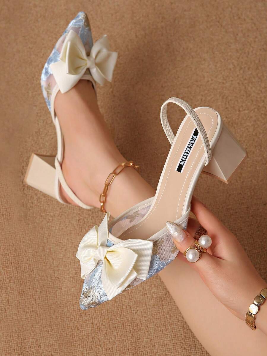 Neue chinesische Art weiße Schleife Mesh High Heel Mules, Damen spitze Zehe Spitze Stickerei Slip-On Sandalen, dünne/dicke Absätze - Blau - Übersicht 1