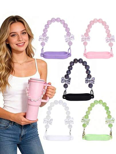 Dây đeo bình nước trang trí nhiều màu sắc, phụ kiện bình nước, giá đỡ ống hút di động hình nơ đính hạt màu hồng tím trắng, phù hợp với cốc thể thao 20-40oz, thích hợp cho tập thể dục, cắm trại và các hoạt động ngoài trời.