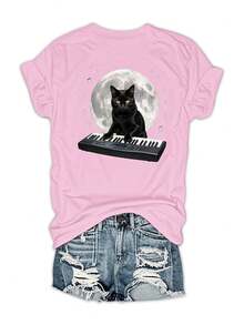 Black Cat Playing Keyboard Under Moon 180g Milk Silk Double Grinding Women's T-Shirt,Comfortable,Suitable,Casual Versatile Tops, Street Wear, Daily Outfits, Free Shipping - 粉色 - 查看 1