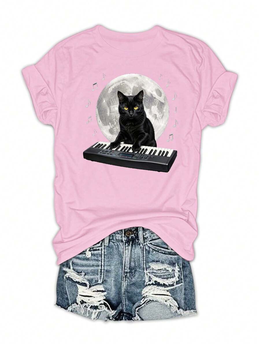 Black Cat Playing Keyboard Under Moon 180g Milk Silk Double Grinding Women's T-Shirt,Comfortable,Suitable,Casual Versatile Tops, Street Wear, Daily Outfits, Free Shipping - 粉色 - 查看 1