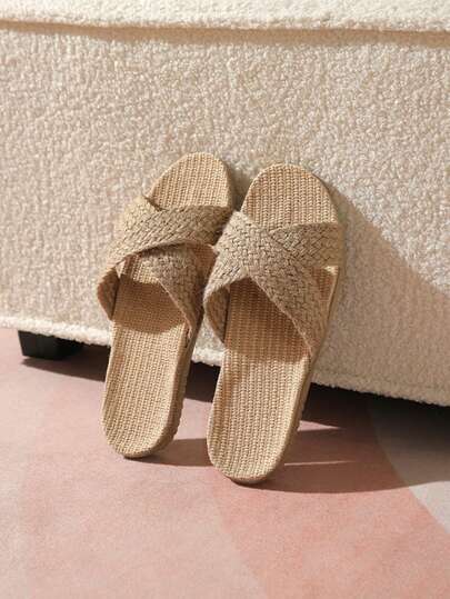 Pantuflas de lino, zapatos planos de suela blanda para interiores de uso unisex con diseño de moda y antideslizantes, de fácil puesta