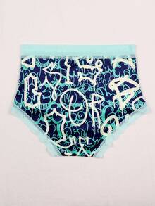 Dircho 6pcs Women's Graffiti Print Panties, Contrast Pink And Mint Green Elastic Waistband, Soft Comfortable Fabric Underwear Set, Featuring Energetic Abstract And Heart Patterns, Breathable And Comfortable For Daily Wear - Multicolor - View 5