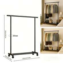 1 Wheeled Clothes Drying Rack, 25mm Thickened Steel Pipe, Extended Crossbar, Stable Load-Bearing Capacity; Designed With Pulleys At The Bottom For Easy Movement; Double-Layer Structure With Large Storage Capacity, Suitable For Various Scenarios Such As Bedrooms And Dormitories, A Universal Clothes Storage Rack And Freestanding Wardrobe - A - View 8