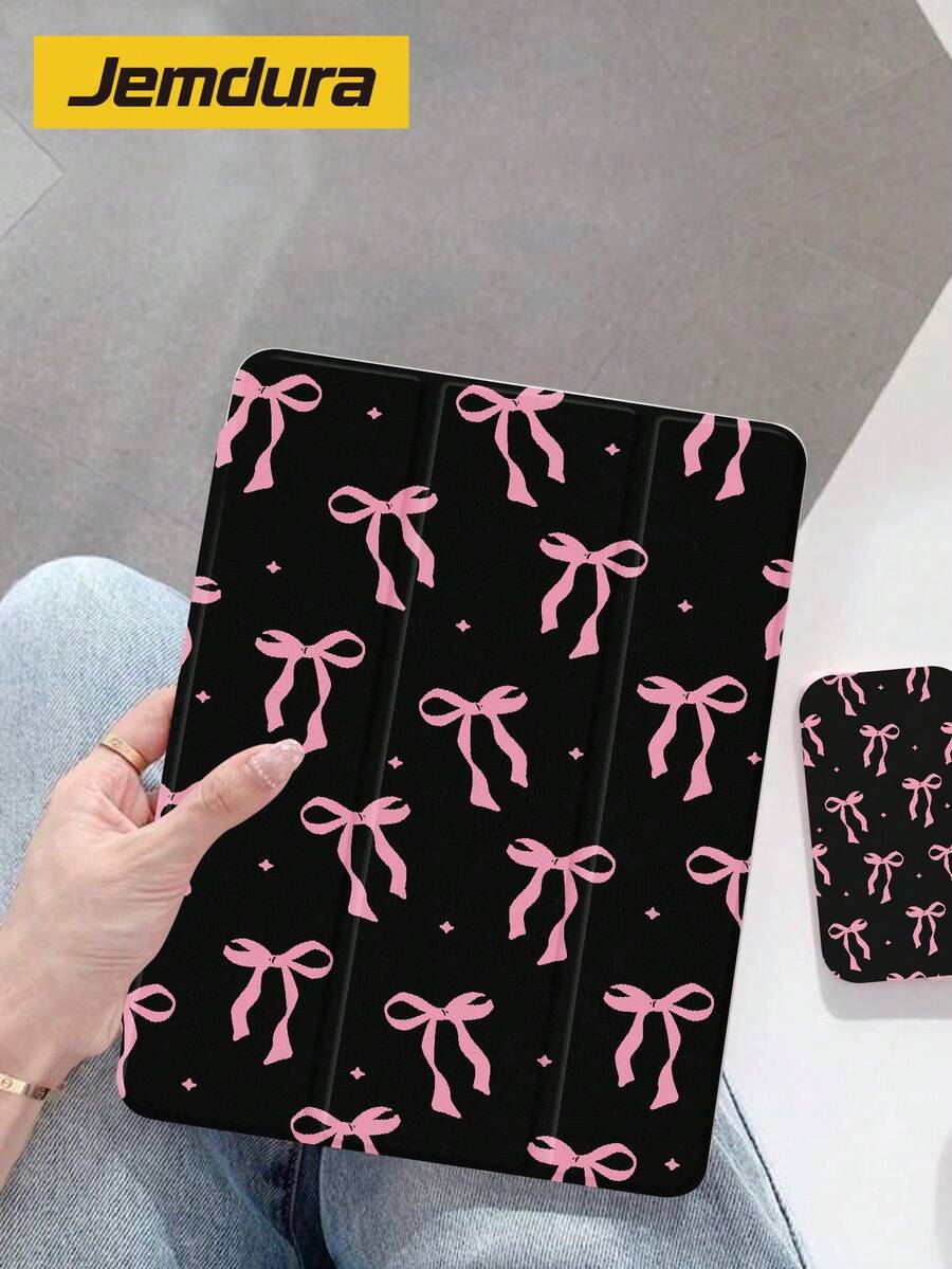 粉黑粉色蝴蝶结图案翻盖平板电脑保护套 1 件装 黑色背景点状图案平板电脑保护套 兼容 Apple 10.2 英寸 Apple Pro 2021/2020 第九/十代 Galaxy Tab A8 10.5 英寸 2022 Matepad 10.4/Tab 防摔带笔槽支持睡眠/唤醒功能 生日礼物 春季