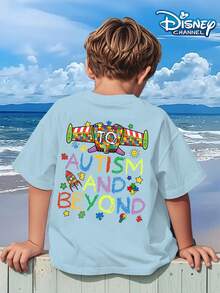 Toy Story Autism Awareness And Beyond Toy Summer Tops,Disney Print Graphic Tee, Perfect For Cool Boys. Teen Boy Gift,Comfortable And Breathable Children's Short-Sleeved T-Shirt. 180g Pure Cotton Children's Clothes,Suitable For Both Boys And Girls.Suitable For Daily Wear, Vacations, Outdoor Activities, And As A Children's Gift. - Màu xanh nhạt - Xem 3
