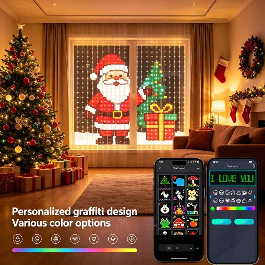 256LED Smart Curtain String Lights, 5.2 FT X5.2FT RGB Color Changing Curtain Lights, Music Sync APP Remote Control USB Powered Smart Curtain Lights, APP Has A Variety Of Built-In Animations To Choose From, Easy To Hook And Install, Suitable For Halloween, Valentine's Day, Christmas, Courtyard, Wedding, Outdoor, Bedroom Decoration; - 5.2FT/256LED - View 1