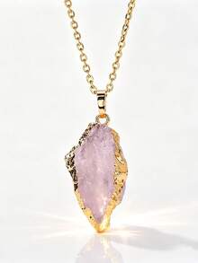1件不对称镀金边天然石吊坠紫水晶玫瑰石英吊坠项链首饰礼品 - 不規則金邊 - 查看 3