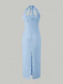 法式优雅无肩带连衣裙，约会白色连衣裙，女士度假连衣裙，女士优雅连衣裙，女士沙滩装，女士夏季派对装 - 藍色 - 查看 6