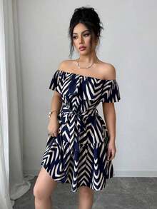 Vestido casual y elegante de vacaciones con hombros descubiertos, cintura con volantes y estampado de rayas azul marino, adecuado para carnaval, Día del Trabajo, Pascua, vuelta al colegio, playa, viajes, jardín y estilo callejero en verano - Azul marino - Ver 4