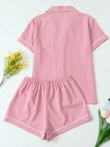 2pcs Comfortable Striped Print Short Sleeve Polo Collar Top And Bow Shorts Pajama Set For Women, Spring/Summer - Pink - View 2