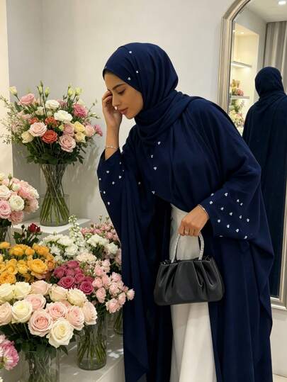 1pc Solid Color Elegant Open Cardigan, Suitable For All Seasons, Handmade Beaded, Embroidered Cuffs, Fashion Graceful Muslim Dress For Women