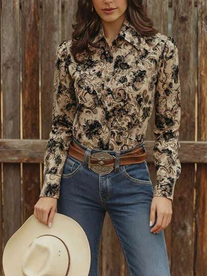 Camisa casual de manga larga con estampado bohemio retro para mujer, adecuada para tiempo libre, vacaciones y uso diario, blusa elegante primavera negro