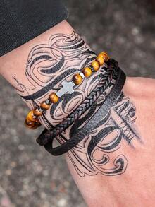 1pc Retro Cross Decor Men's Layered Beaded & PU Leather Bracelet, Natural Stone Beaded Magnetic Clasp Bracelet For Daily Wear & Gift - Multicolor - View 1