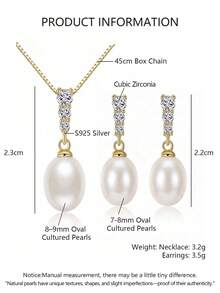 AETOLIA Juego de joyas de plata de ley 925 con perlas naturales, collar y pendientes de circonita cúbica, regalo de aniversario de boda para mujer - Amarillo Oro - Ver 5