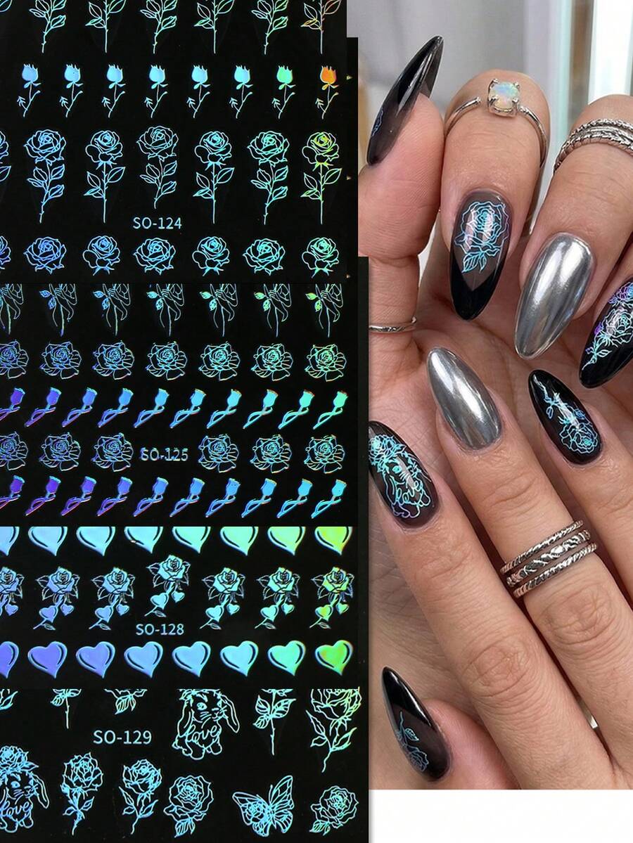 4片装极光全息美甲贴纸 - 彩色爱心玫瑰蝴蝶美甲贴花 - 梦幻浪漫风格 / 派对 / 婚礼 / 音乐节 DIY 美甲装饰贴纸 - 彩色 - 查看 1