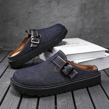 New Retro Denim Platform Mules With Metal Buckle, Slip-On Comfortable Soft Sole Backless Loafers - Royal Blue - View 1