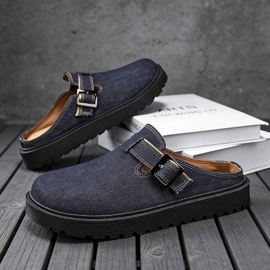 New Retro Denim Platform Mules With Metal Buckle, Slip-On Comfortable Soft Sole Backless Loafers - Royal Blue - View 1