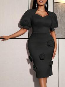 Vestido feminino AOMEI preto elegante ajustado de comprimento médio, decote em forma de coração, mangas bufantes, decoração floral 3D, adequado para convidadas de casamento, Dia dos Namorados - Preto - Ver 7