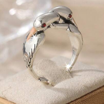 خاتم نحاسي قديم مصنوع يدويًا على شكل بجعة، مرصع بزركونيا مكعبة حمراء اصطناعية، خاتم بوهيمي الطراز للنساء