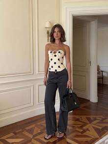 休闲性感优雅年轻时尚迷人波点编织面料抹胸甜美度假日常单身派对旅行夏季上衣、春季上衣、派对上衣、外出上衣 - 杏色 - 查看 4