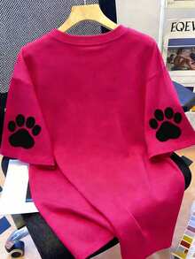 Cute Cat And Paw Print Graphic Round Neck Casual Summer Gift Women's T-Shirt - Hot Pink - View 3