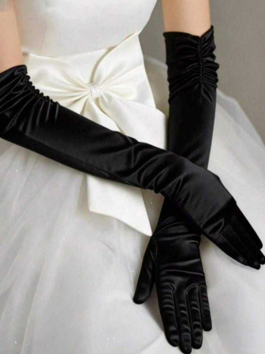 1 Pair Women's Extra Long Over Elbow Double Row Beaded Satin Silk Bridal Wedding Gloves Suitable For Apparel Matching - Black - View 1