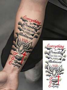 1 Sheets Big Size Body Art Temporary Tattoo Stickers For Men, Black Peace Cross Eveything Is Possible For The One Who Believe Pattern, Waterproof Sweatproof Fake Tattoo, Lasts 2-5 Days, Covering Scars,Can Be Used On Arms Wrist Shoulders Legs Waist Neck Hand Chest Thighs Finger Ankle, Suitable For Parties, Gifts, Vacations, Body Decoration - Black - View 1