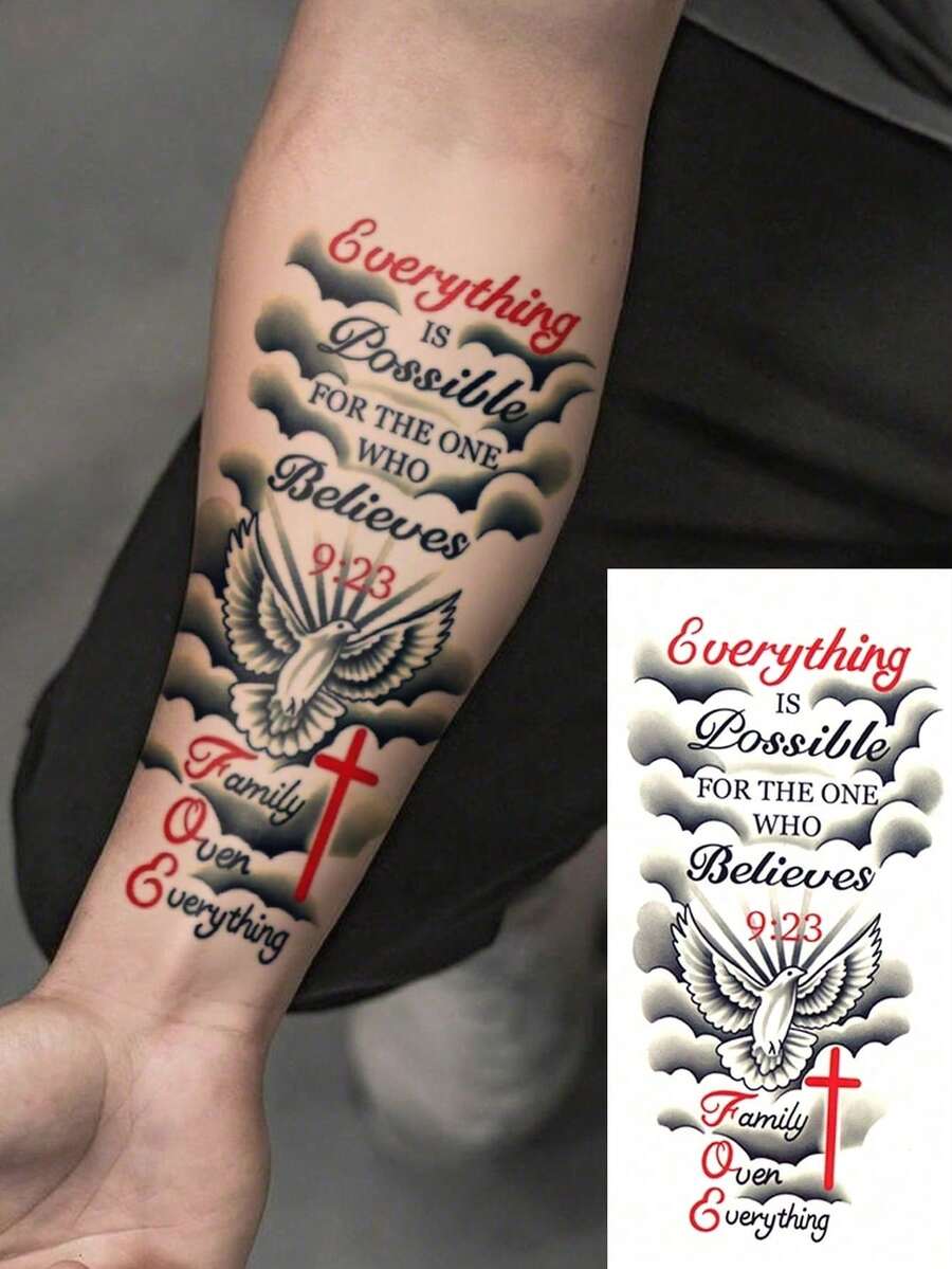 1 Sheets Big Size Body Art Temporary Tattoo Stickers For Men, Black Peace Cross Eveything Is Possible For The One Who Believe Pattern, Waterproof Sweatproof Fake Tattoo, Lasts 2-5 Days, Covering Scars,Can Be Used On Arms Wrist Shoulders Legs Waist Neck Hand Chest Thighs Finger Ankle, Suitable For Parties, Gifts, Vacations, Body Decoration - Black - View 1