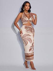 AIJ Amarilo Women's Elegant Tropical Print Ruched Hollow Out Fitted Metal Ring Buckle Niche Design Sleeveless Backless Camisole Top And Drawstring High Slit Skirt Two Pieces Set (Positioning Print) Summer - Apricot Brown - View 7
