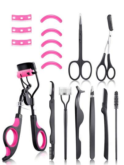 17pcs/15pcs/14pcs/1pc Eyelash Curler Set Designed For Men & Women, Includes Eyelash Curler, Eyelash Comb, Eyelash Extension Remover, Tweezers, Eyebrow Brush, Scissors, Lash Applicator, Eyebrow Trimmer, Silicone Replacement Pads. Convenient, Reusable Eyelash Curler, Portable Packaging, Comfortable To Use And Hold, Suitable As Gift For Mother's Day, Halloween, Valentine's Day, Christmas