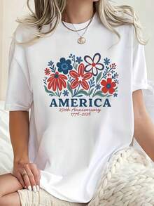 Casual T-Shirt America 250th Anniversary Floral Design Independence Day Celebration Patriotic Summer Outfit For Women And Men - 白色 - 查看 2