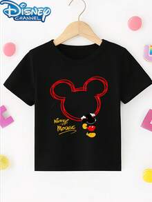 Disney 1pc Teen Boys Casual Red Outline Mickey Mouse With Silhouette Print Short Sleeve Tshirt Boys Clothes Kids Clothes Boys Shirts Summer - Black - View 2