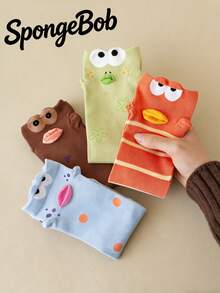 SpongeBob SquarePants 4 đôi tất nữ dài đến bắp chân, họa tiết cá hề hoạt hình, kiểu dáng thoải mái thường ngày dành cho sinh viên. - Nhiều màu - Xem 2