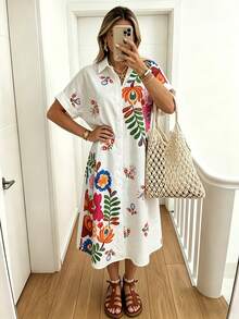 Summer White Floral Print Batwing Sleeve Short Sleeve Maxi Casual Beach Vacation Loose Dress For Women Elegant - White - View 2
