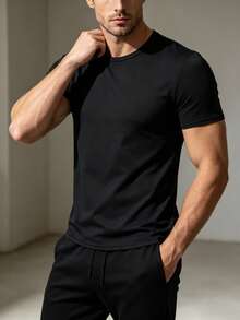 Camiseta de manga corta de cuello redondo casual para uso diario de hombre, verano - Negro - Ver 4