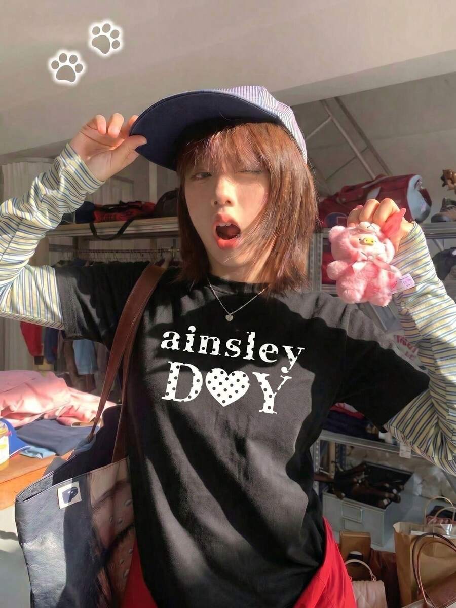 Women's Oversized Logo T-Shirt, Navy, Loose Fit, Short Sleeve, Casual, Streetwear - Black - View 1